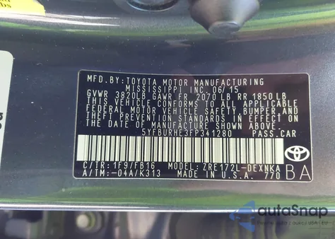 2015 Toyota Corolla L from USA, damaged, VIN 5YFBURHE3FP341280